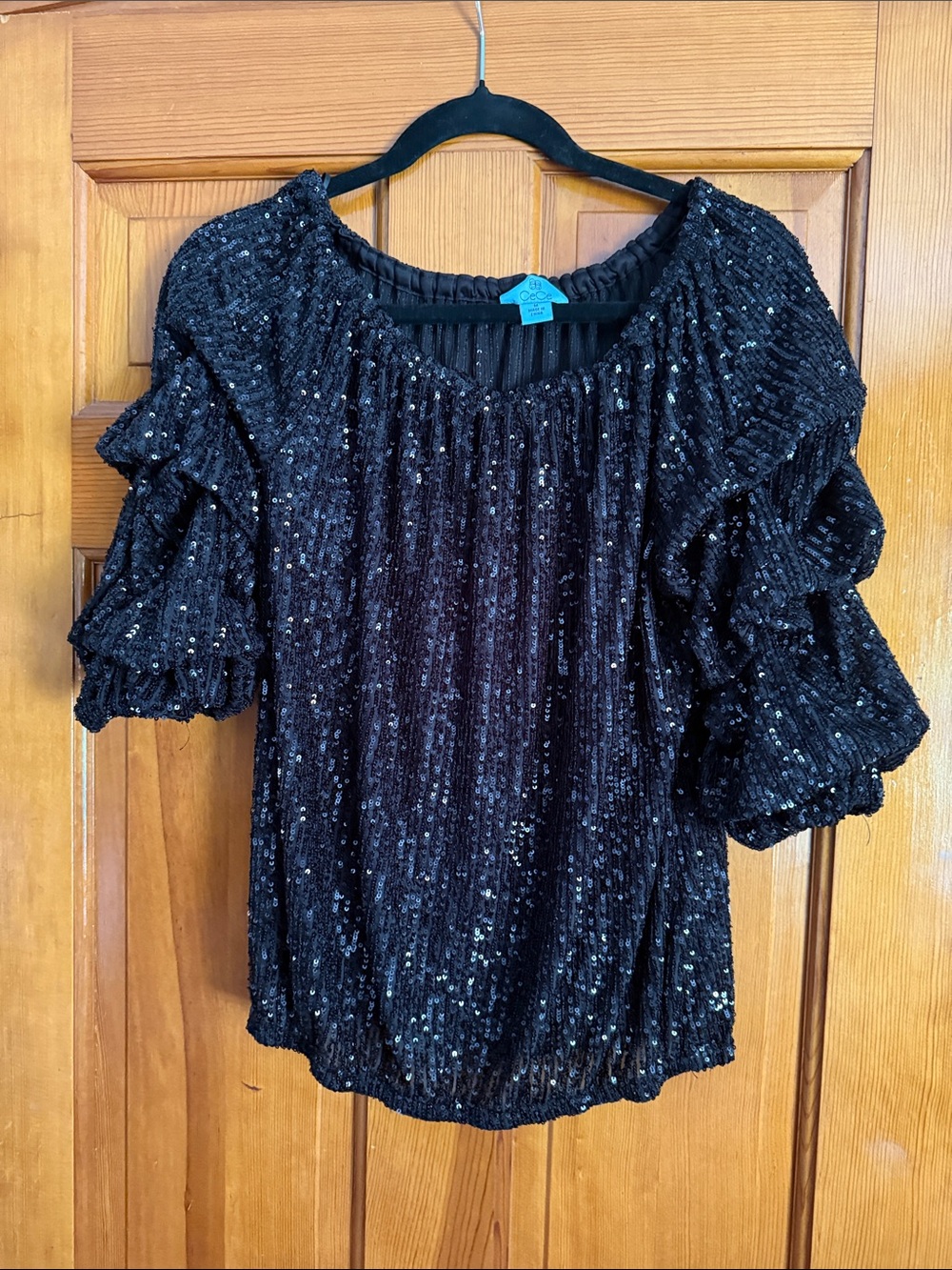 CeCe Black Sequin Ruffle-Sleeve Blouse